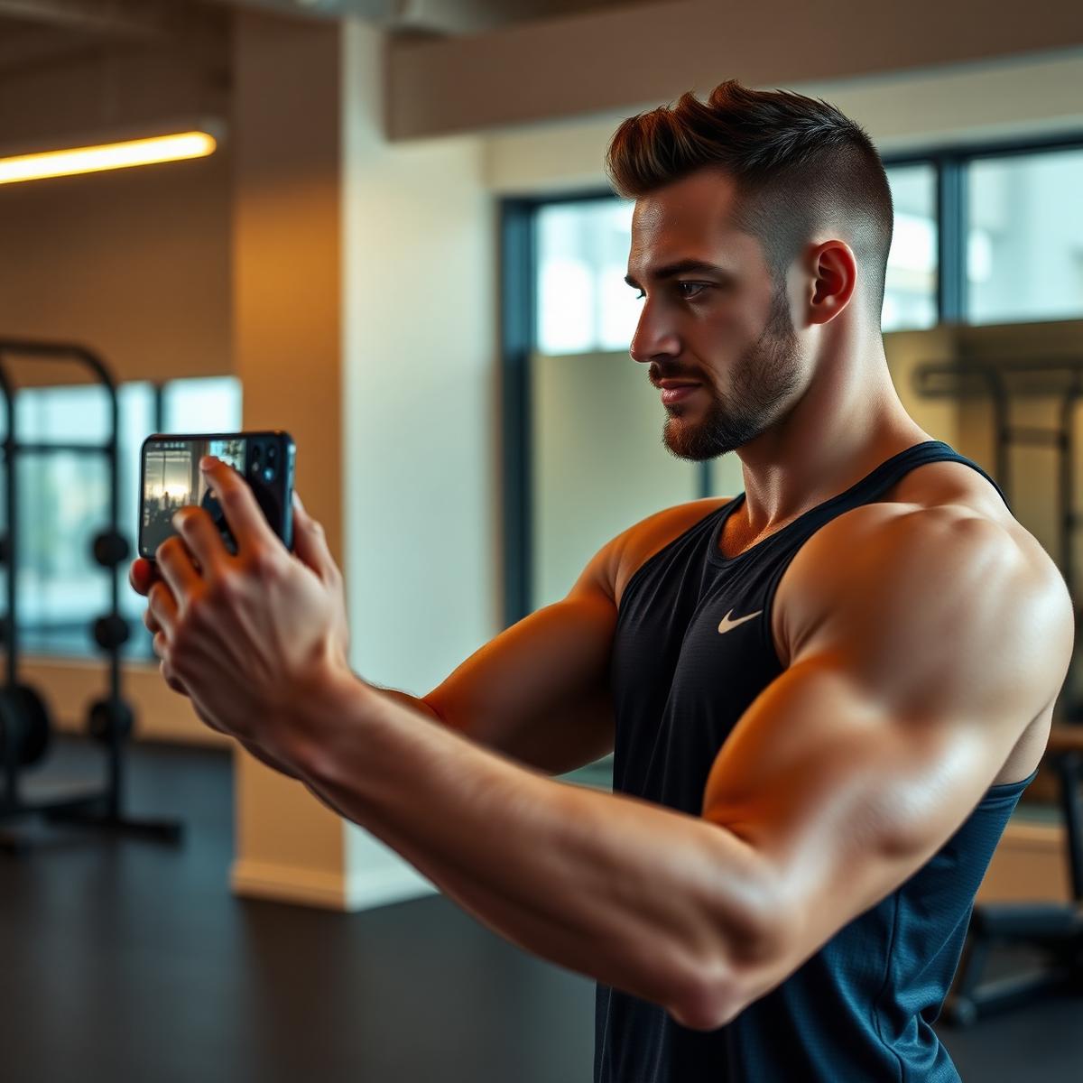 Male fitness creator filming content in a modern gym