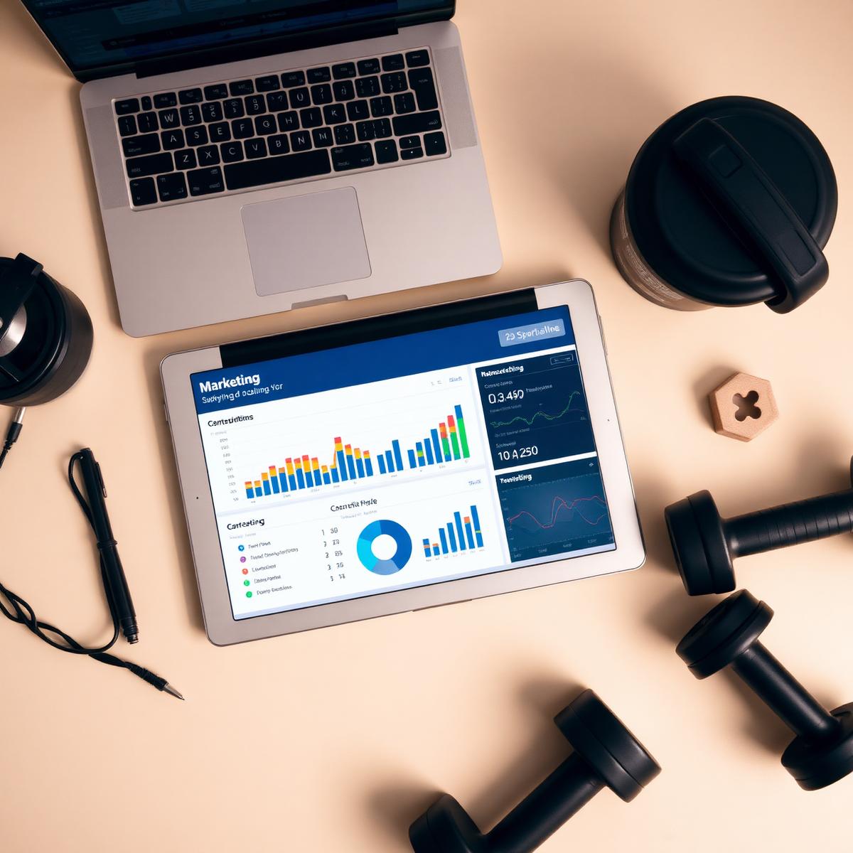 Marketing performance dashboard on a tablet next to dumbbells